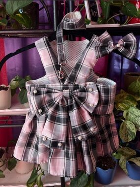 Pink & Black Plaid Pet Harness Dress with Pearl Accents & Matching Leash / Bow